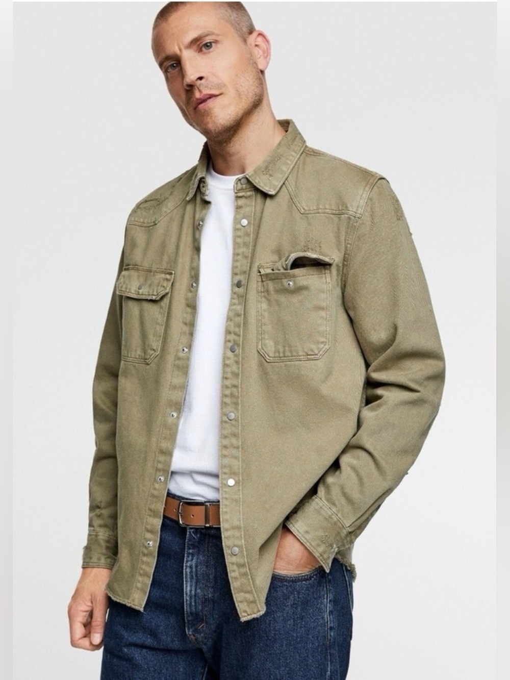 Zara Distressed Trucker Denim Jacket in Green